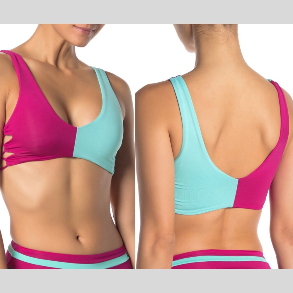 NWT Maaji Side Cutout‎ Colorblock Bikini Top in Evergreen [SZ Medium ] Pink